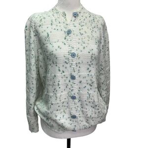 NWT Handmade Hand Knit White/Green Cotton Button UP Cardigan Size L